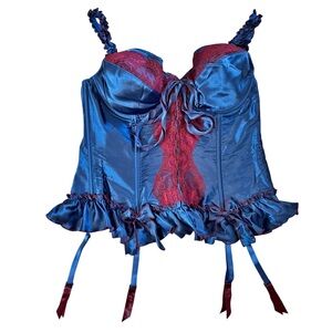 Fredericks of Hollywood VTG Y2K Corset Size 38 Bustier Blue Satin Burgundy Lace
